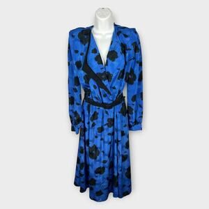 Vintage JJ Dean 90s Blue Black Floral Wide Collar Secretary Cocktail Dress Sz 8